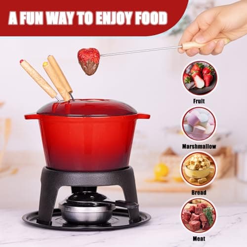 Mabeeze Cast Iron Fondue Pot Set Red Enameled 1.6 Qt for Cheese, Chocolate, or Meat: Includes 6 Fondue Forks — view 4