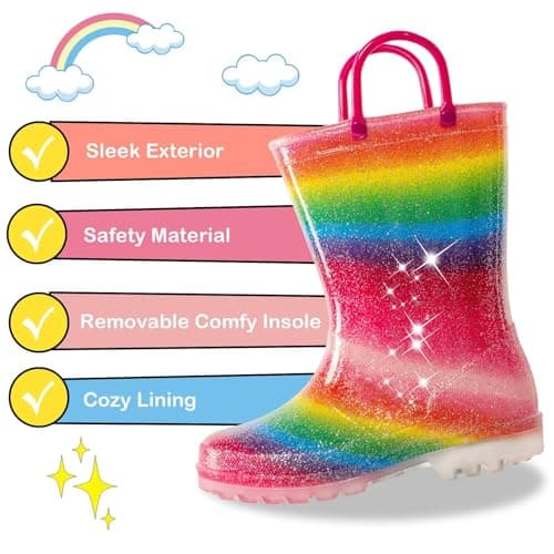 Toddler Rain Boots Kids Light Up Rain Boots for Girls Rainbow Waterproof Glitter Rainboot with Easy Pull On Handles, Toddler Size 9 — view 5