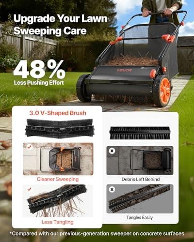 VEVOR Push Lawn Sweeper, 26 in Leaf & Grass Collector with 7 cu. ft. Hopper Bag, Adjustable Brush Height & Spinning Brushes, Heavy Duty Yard Sweeper with Rubber Wheels for Leaves Grass Cleanup — view 2