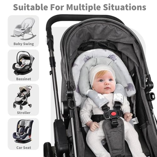 Baby Car Seat Head Support with Extra Headrest, 2-in-1 Babybody Supports with Shoulder Pads Set for Newborn, Adjustable Infant Car Seat Insert Compatible with Stroller, Baby Swing, (Grey Elephant) — view 3