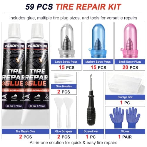 Tire Plugs Rubber Nails 3 Sizes & Repair Glue 100ML for Flat Tire Repair