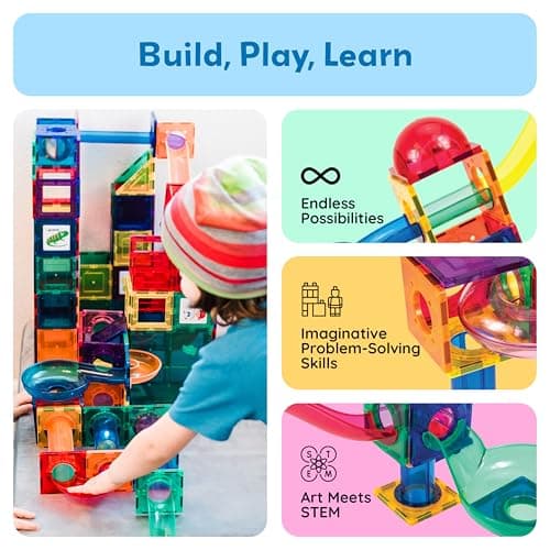 PicassoTiles 70 Piece Marble Run Race Track Magnetic Tiles Magnet Building Block Educational Construction Toy Set Playset STEM Learning Kit Child Brain Development HandEye Coordination Training PTG70