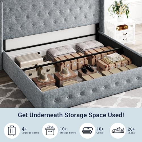 Allewie King Size Lift Up Storage Bed, Button Tufted Headboard with Wingback, Hydraulic Support, No Box Spring Needed, Grey Blue — view 2