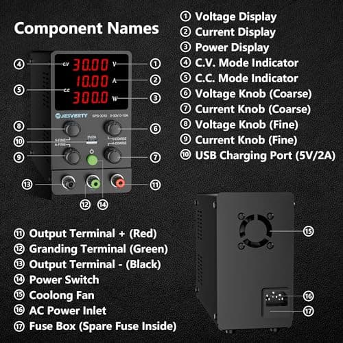 Jesverty DC Power Supply Variable, 0-30V 0-10A Adjustable Switching DC Regulated Bench Power Supply with High Precision 4-Digit LED Display, 5V/2A USB Port, Coarse and Fine Adjustment SPS-3010 — view 2