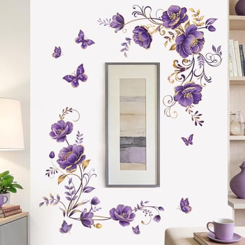 wondever Purple Gold Flowers Wall Stickers Flower Vine Butterfly Floral Peel and Stick Wall Art Decals for Sofa TV Background Living Room Bedroom — view 2