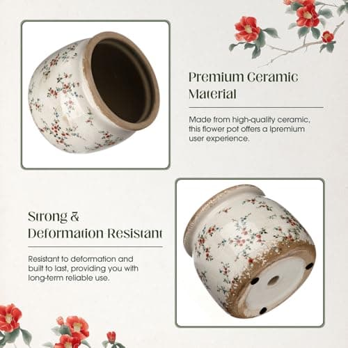 Ninehaoou Vintage Planter Large Ceramic Plants Pot Beige Red Rustic Floral Ice Crack Cottage Scroll Vase Flower Vase Pot Indoor Plants Home Kitchen Decor Farmhouse Antique Decorative Gifts — view 2