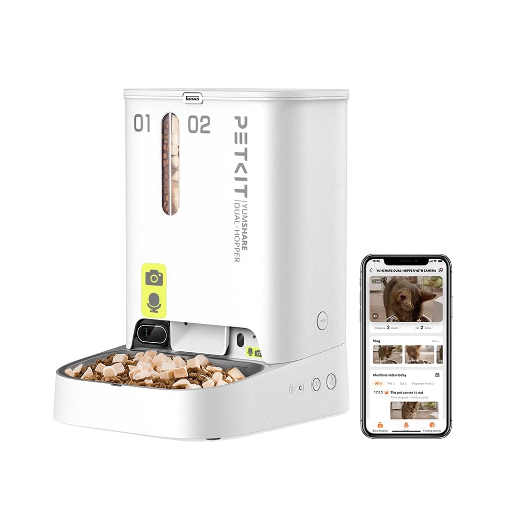 PETKIT Automatic Cat Feeder with Camera, 5L Double Hopper Dispenser Food Cats/Dogs, 1080P HG, AI Function, 2.4G WiFi, Two-Way Audio, App Control, Stainless Steel Bowl