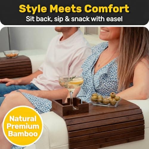 Bamboo Couch Cup Holder, Foldable Couch Armrest Table, Non-Slip Couch & Sofa Arm Tray for Drinks & Snacks - Brown — view 3