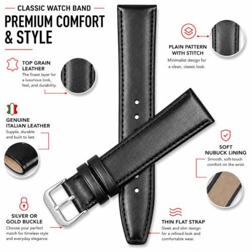 Bandini 20mm Italian Leather Watch Strap Band - Grey/Gray with Stitching - Classic - Slim