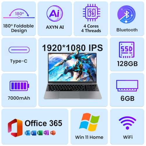 BTDD 15.6" FHD Laptops with AI Assistant Included, Quad-Core Processor(Beat Celeron 5205U), 1 Year Office 365, 6GB RAM 128GB SSD, 180°Viewing, USB-C, 1920x1080, 53.2Wh, for Business and Student
