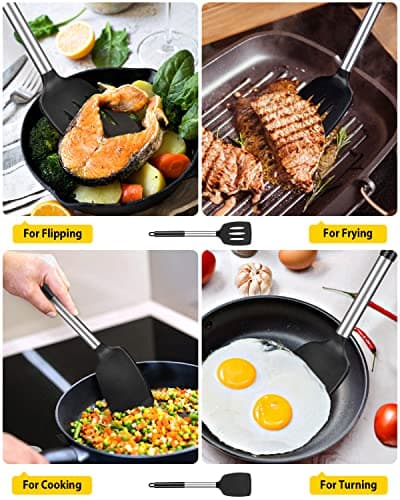 Pack of 2 Silicone Solid Turner, Non Stick Slotted Kitchen Spatulas, High Heat Resistant BPA Free Cooking Utensils, Ideal Cookware for Fish, Eggs, Pancakes(Black) — view 2