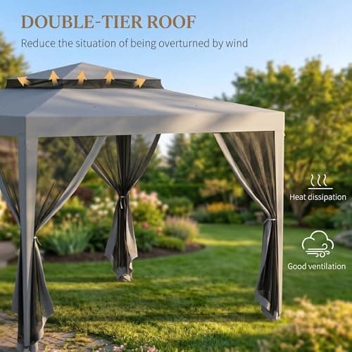Outsunny 10' x 10' Canopy Tent with Double Tier Roof, Mesh Netting Party Tent for Outdoor, Backyard, Patio, Garden, Grey — view 3
