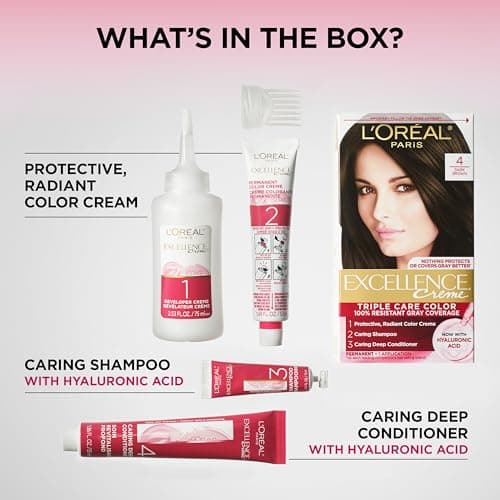 L'Oreal Paris Excellence Crème Permanent Hair Dye, Triple Care Hair Color with Hyaluronic Acid for 100% Gray Coverage, 4 Dark Brown, 1 Kit (Packaging May Vary) — view 4