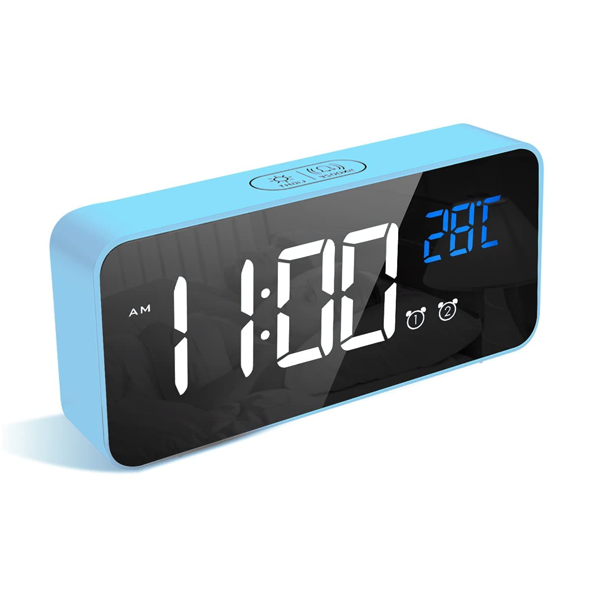 LATEC Reloj Despertador, LED Pantalla Reloj Despertador Digital con Espejo, Doble Alarma, Temperatura, Puerto de Carga USB, 10 Música, 4 Brillo Ajustable, 12/24H(Blanco) — view 11