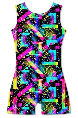 uideazone Gymnastics Leotard for Girls Biketards Sparkly Tank Ballet Unitard with Shorts Quick Dry One-Piece Outfits 2-9Years, 80s90s, 8-9 Years