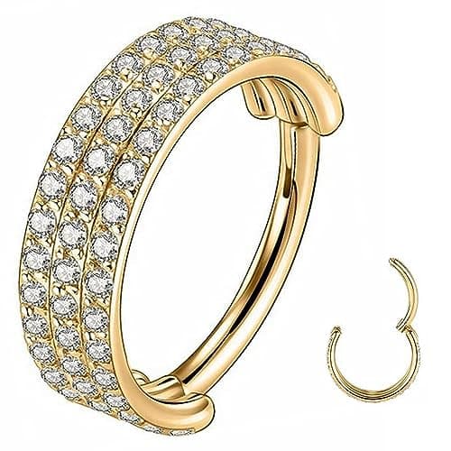 Yrogcu Diamond Hinged Nose Rings Hoop : Triple Row Gold Color 16G(1.2mm) Diameter 12mm Womens and Mens Ear Pierecing Ring with Zircon Septum Clicker Helix Cartilage Hoop
