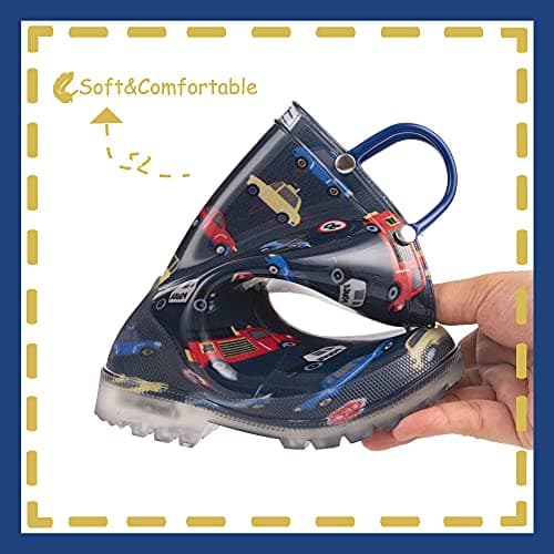 OUTEE Toddler Boys Rain Boots Little Kids Baby Light Up Printed Waterproof Mud Shoes Blue Police Firefighters Lightweight Rubber Adorable with Easy-On Handles Non Slip (Size 1,BLue) — view 4
