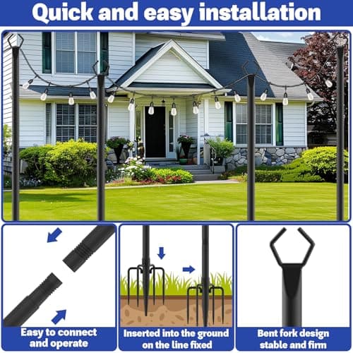 NSHWFW 6 Pack 10 ft Heavy Duty Metal String Light Poles Adjustable Outdoor Lighting Stand for Patio,Backyard,Garden,Party & Wedding Rustproof & Sturdy with Hooks — view 4