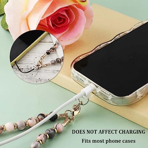 Phone Lanyard Wrist Strap, Stone Beaded Phone Wrist Strap with 2pcs Tether Tabs, Detachable Bracelet Phone Strap Chain for Women Girls (Pink) — view 5