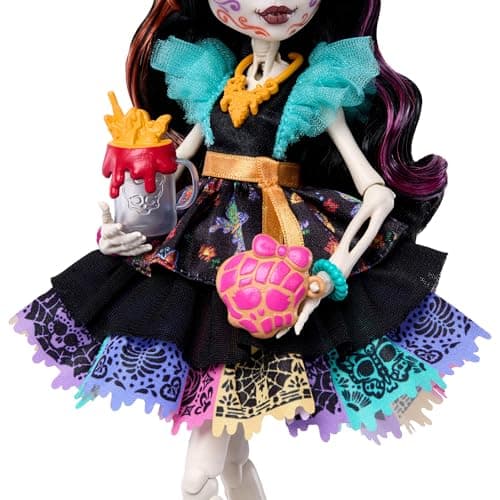 Monster High Doll, Skelita Calaveras in Colorful Papel Picado Dress with Pet Dog Candelita and 7 Accessories Like Sketch Book, Snack and Messenger Bag — view 3