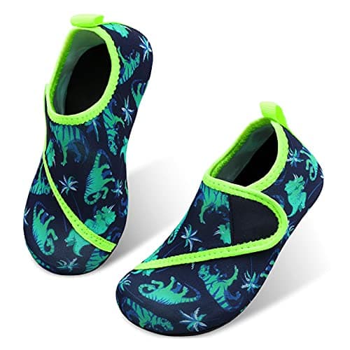 JIASUQI Breathable Summer Water Skin Walking Shoes Aqua Socks for Boys Girls Swim Beach Pool Shoes Easy Green Dinosaur, 9.5-10 Toddler