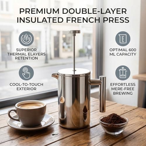 GLOGLOW French Press Coffee Pot, 304 Stainless Steel Double Wall Insulated Maker with 4 Step Brewing for Heat Retention 25 Oz Capacity Home Office Use Brewing Ground Coffee or Loose Tea — view 4