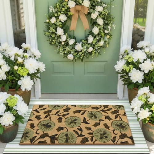 Tinideya 2 Pcs Floral Door Mat Flower Welcome Non Slip Coir Mats Floor Layering Green and White Stripe Summer Doormats Seasonal for Front Porch Entryway Decor(Floral)