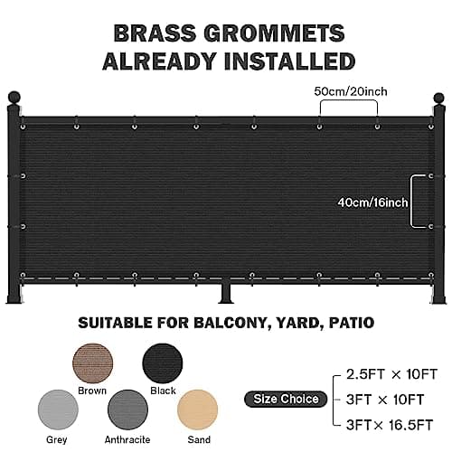 UIRWAY Privacy Screen Balcony Fence 3'x10', Garden Courtyard Privacy Fence Screen with Zip Ties UV Protection, for Animal Barriers, Decks, Patios, Outdoor Pools, Porches, Condo Railings - Black — view 3