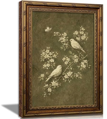 Vintage Gold Framed Bird Wall Art, White Flowers Botanical Oil Painting Canvas Print, Rural Animals Picture Wall Decor, Rustic Farmhouse Poster Artwork for Living Room Bedroom