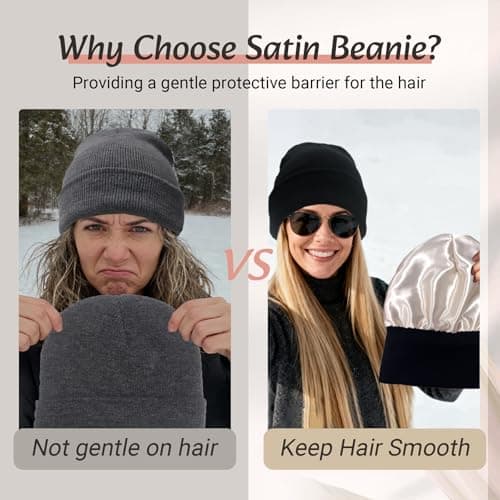 PFFY Satin Lined Beanie for Women Silk Lining Soft Winter Hats Reduce Frizz Knit Beanies Warm Skull Cap Black — view 3