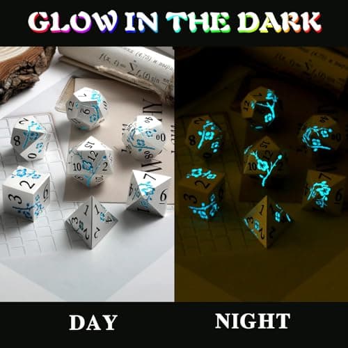Silver Metal DND Dice Set, 7PCS D&D Metal Dice with Metal Case for Dungeons and Dragons, Shadowrun, Pathfinder, Savage World and Table Games (Glow in The Dark Blue) — view 2
