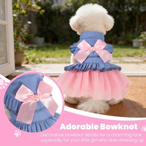SIMCAPY Dog Dress, Fashion Puppy Tutu Princess Dresses for Small Dogs Girl, Sweet Skirt with Dog Bowknot Clips, Spring Dog Cat Clothes Pet Apparel (Denim Princess Dress, Small) — view 5