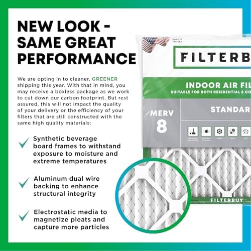 Filterbuy 16x20x1 Air Filter MERV 8 Essential Dust & Allergy Defense (6-Pack), Electrostatic Pleated HVAC AC Furnace Filters Replacement, Made in USA (Actual Size: 15.50 x 19.50 x 0.75) — view 2