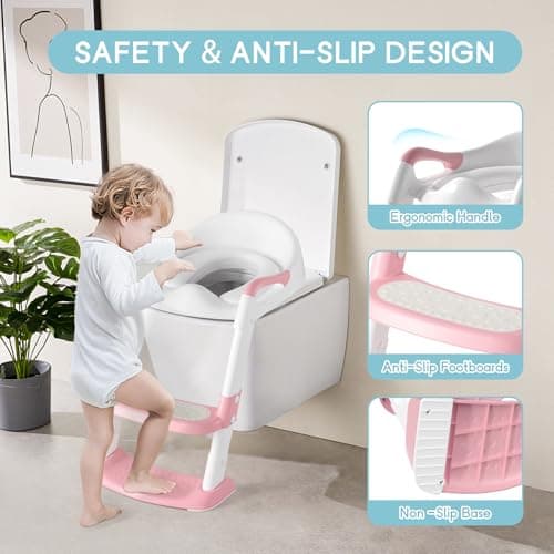 COOSEYA Potty Training Toilet with Step Stool Ladder, Toddler Kids Potty Training Seat for Boys Girls, Foldable Non-Slip Toilet Toddler Seat Splash Guard Soft Cushion Safety Handles (Pink) — view 2