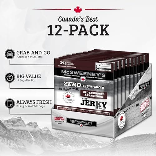 McSweeney's ZERO sugar Old Fashioned Beef Jerky.100% Made In Canada Sugar Free Snacks, School Snacks, Gluten Free, High Protein Snacks, Keto Friendly, Low Fat, Naturally Smoked, 70g (Pack of 12) — view 3
