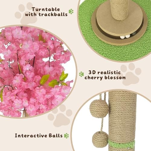 Purrsign Cherry Blossom Cat Scratching Post, 91 cm Tall Natural Sisal Sturdy Base Tower with Interactive Trackball Toy for Indoor Kittens & Large Felines, Japanese Aesthetic Floral Furniture Decor — view 2