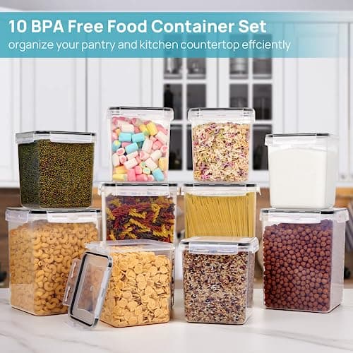Vtopmart 10 PCS Flour Storage Container, Large Airtight Food Storage Containers with Lids for Kitchen, Pantry Organizers, Black