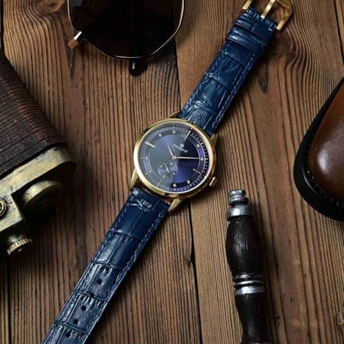 ANNEFIT Quick Release Watch Band, Embossed Alligator Grain Leather Watch Strap with Gold Buckle, Replacement Bands Width 16mm (Blue)