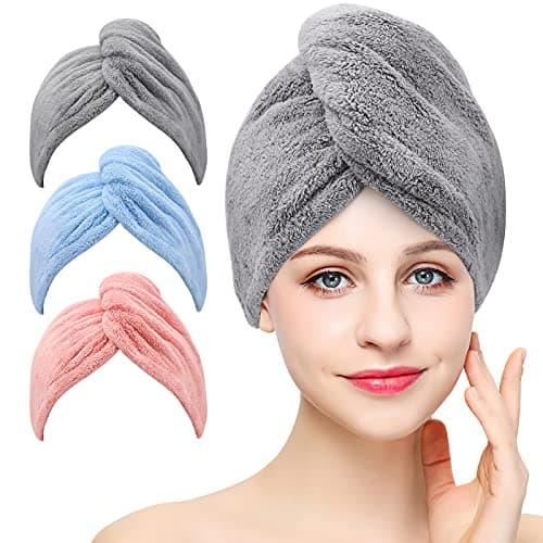 3 Pack Microfiber Hair Towel BEoffer Super Absorbent Hair Wraps for Women Wet Hair, Fast Drying Hair Turban, Hair Caps with Buttons for Drying Curly, Long & Thick Hair Anti Frizz (Gray+Pink+Blue)