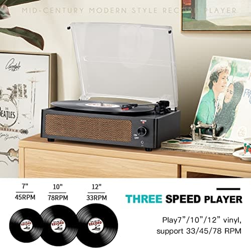 Vinyl Record Player with Speaker Vintage Turntable for Vinyl Records, Belt-Driven Turntable Support 3-Speed, Wireless Playback, Headphone, AUX-in, RCA Line LP Vinyl Players for Sound Enjoyment Black — view 2
