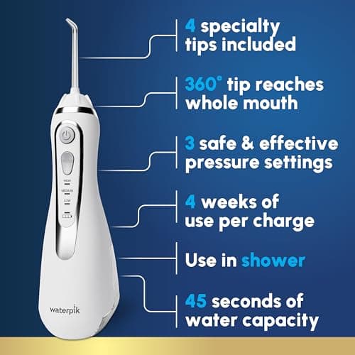 Waterpik Cordless Advanced 2.0 Water Flosser for Teeth, Gums, Braces, Dental Care with Travel Bag & 4 Tips, CDA Validated, Waterproof Rechargeable Handheld, White (1 Count) Gift for Men Women Mom Dad