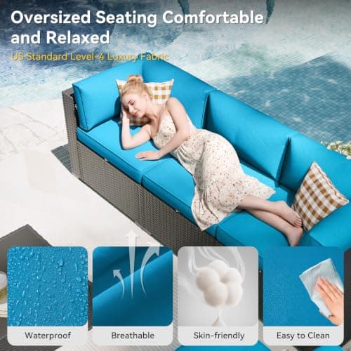 Aoxun Patio Furniture Set with Fire Pit Table, 8 Piece Outdoor Sectional Sofas, Wicker Rattan Outdoor Furniture with Thickened Cushion for Backyard, Garden Peacock Blue — view 4