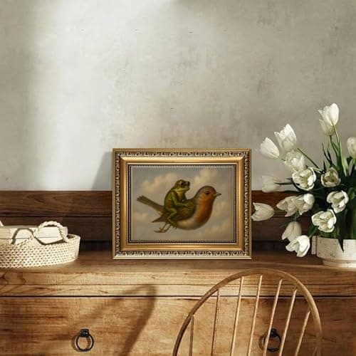WZGZXU Gold Framed Wall Art Vintage Pictures Wall Decor Frog Riding Bird Canvas Art Funny Paintings Animal Prints Antique Artwork For Living Room Bedroom 8x10in — view 3