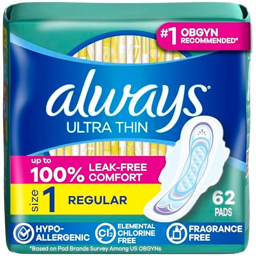 Always Ultra Thin Feminine Pads with Wings for Women, Size 1, Regular Absorbency, Unscented, 62 Count