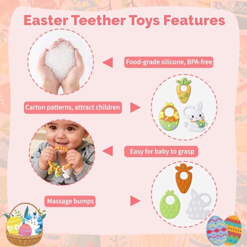 Easter Baby Teething Ring Toys for Baby, Silicone Teether with Textured Carrot, Bunny and Egg, BPA-Free, Safe and Soft for Chewing, Teething Toys for Easter Basket Stuffers&Easter Gifts, 0-12 Month — view 2