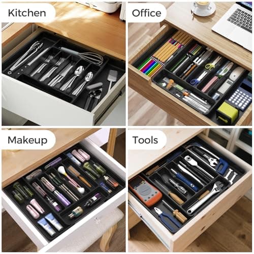 ukeetap Extra Large Expandable Silverware Organizer, BPA-Free Food-Safe Cutlery Flatware Organizer, Kitchen Utensil Drawer Organizer, Adjustable Silverware Holder for Spoons Forks Knives, Black — view 7