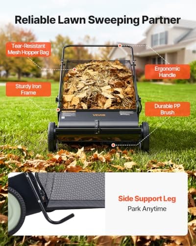 VEVOR Push Lawn Sweeper 26 Inch Leaf & Grass Collector Strong Rubber Wheels — view 5