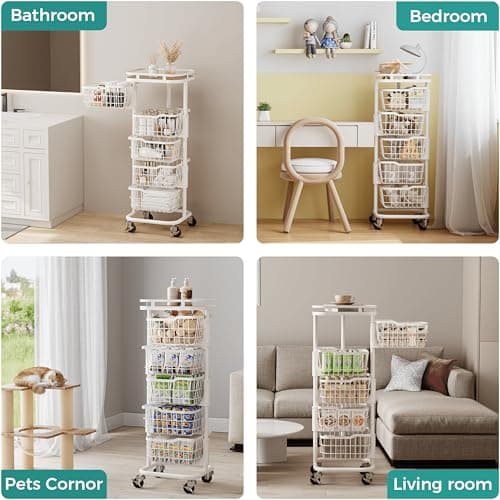 Ocyfym 5 Tier Kitchen Fruit Vegetable Storage Cart with Rotating Basket, Rolling Rack Shelf Organizer Floor Stand on Wheel for Snack Spice Produce Veggie Onion Potato Bin, Vianderos Para Cocina, White — view 3