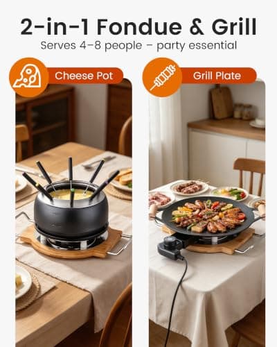 Saenchue 2-in-1 Electric Fondue Pot & Indoor Grill Set, 1200W Nonstick Griddle with Detachable Thermostat, 2.8L Nonstick Fondue Pot for Cheese Chocolate Broth, 8 Forks & Lid Included, for Family Party