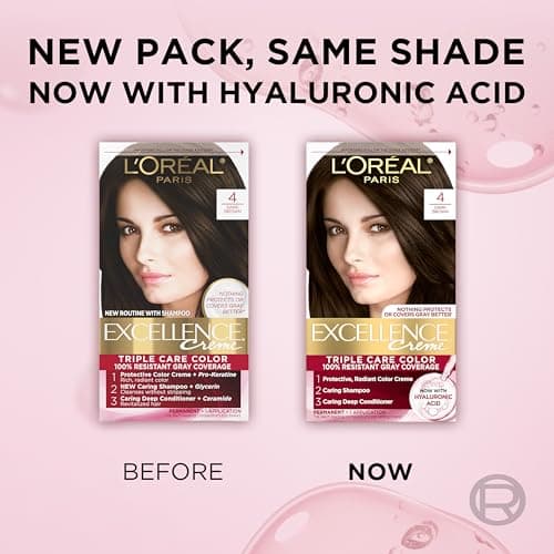 L'Oreal Paris Excellence Crème Permanent Hair Dye, Triple Care Hair Color with Hyaluronic Acid for 100% Gray Coverage, 4 Dark Brown, 1 Kit (Packaging May Vary) — view 8